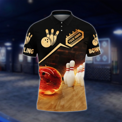 Personalized Flame Ball Bowling Mens Polo Shirt Black Gold, Custom Bowling Team Shirt BZ0801 BOW0106