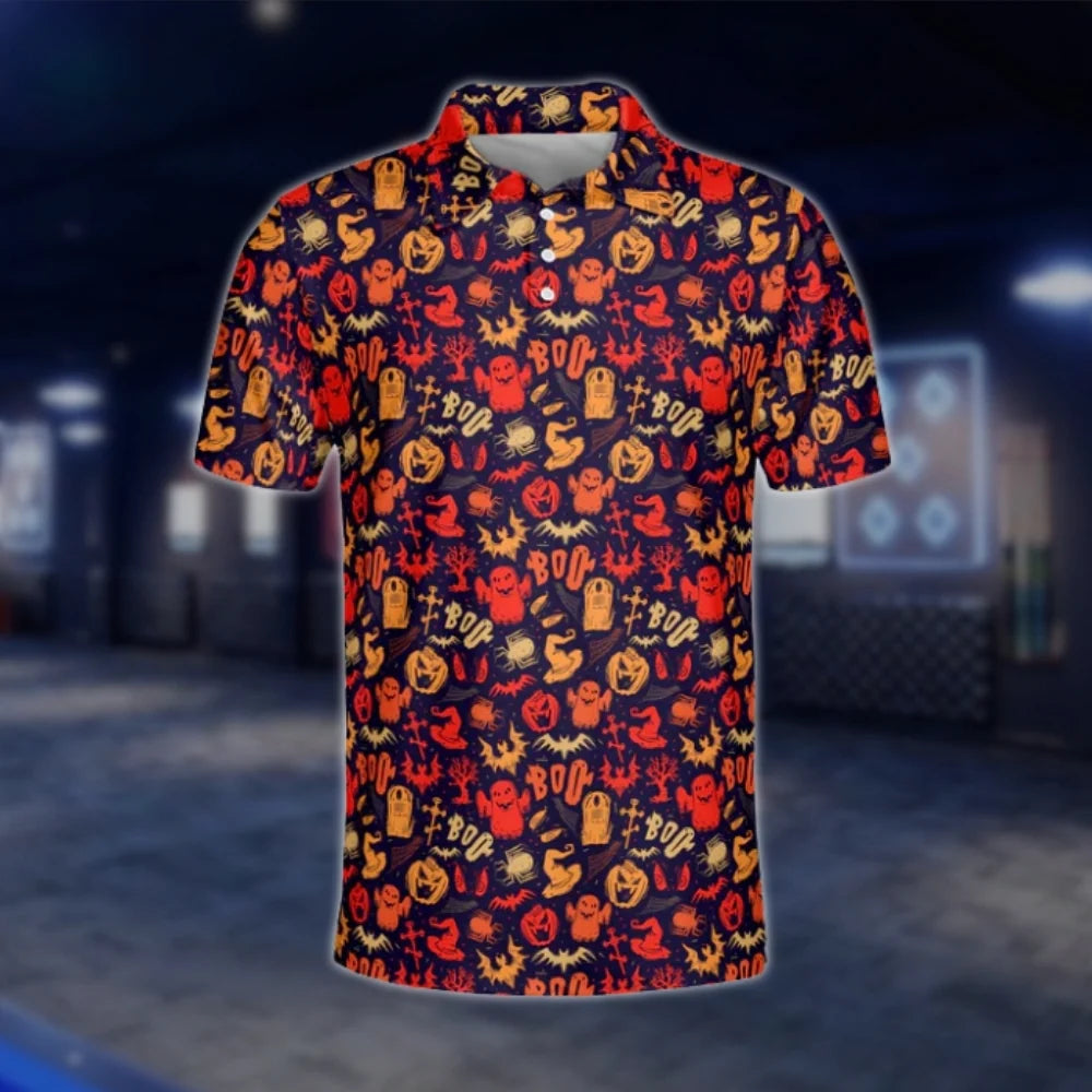 Spoolky Ghost Pumpkin Pattern Golf Polo Shirts For Men, Halloween Golf Shirt GOF0187