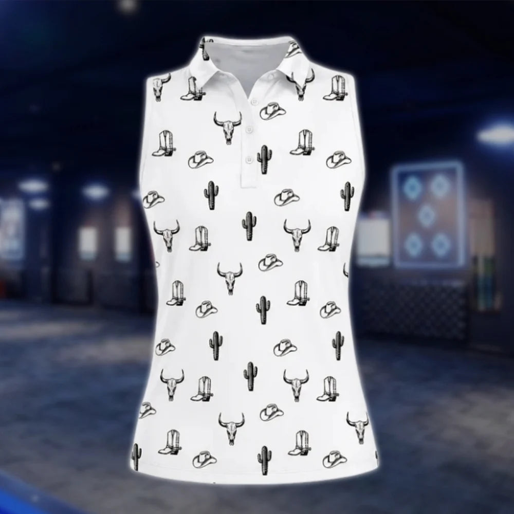Women's White Western Sleeveless Golf Shirt, Cowgirl Westen Golf Shirt GOF0109
