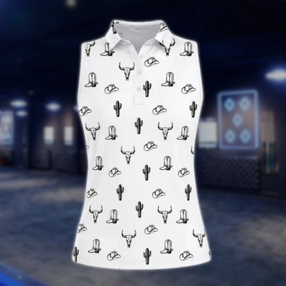 Women's White Western Sleeveless Golf Shirt, Cowgirl Westen Golf Shirt GOF0109