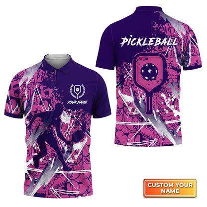 Pickleball - Scritch Man Purple Pink Pattern Personalized Name 3D Polo Shirt QB95 Gift For Pickleball Player PKL0012