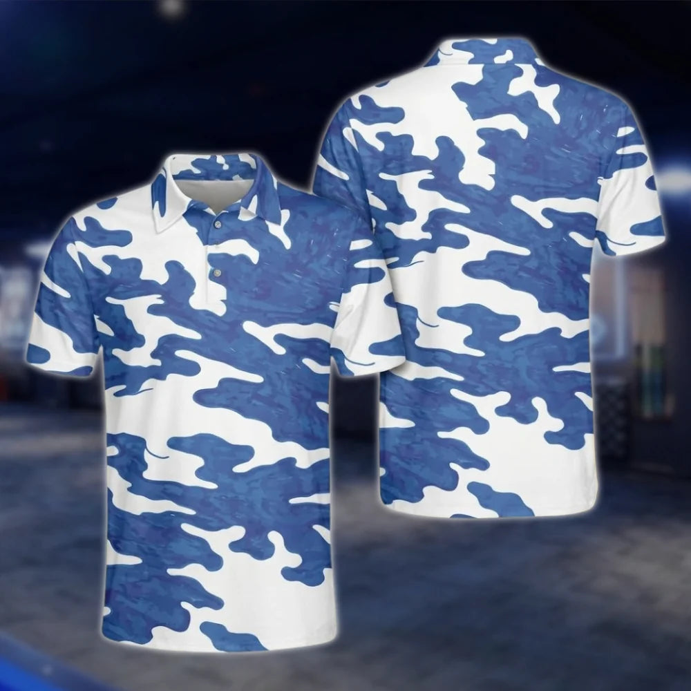 Matching Camouflage Blue Golf Shirt Men And Women, Camo Couple Matching Golf Shirts GOF0090
