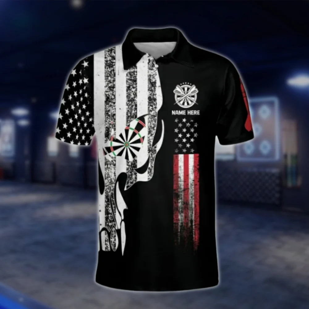 Custom Skull American Flag Dart Polo Shirt Mens, Custom Skull Dart Team Shirts DAT0251