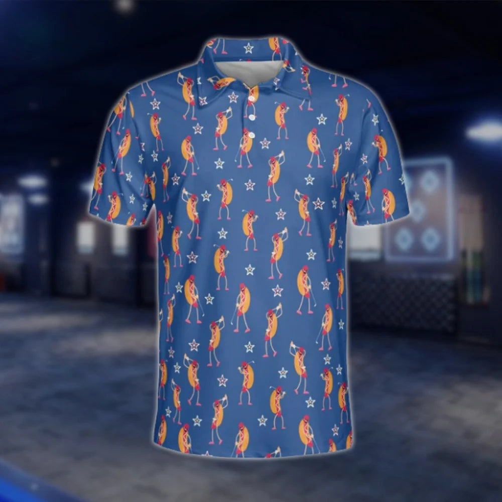 Funny Hot Dog Blue Golf Polo Shirts For Men, Hot Dog Golf Shirts GOF0263