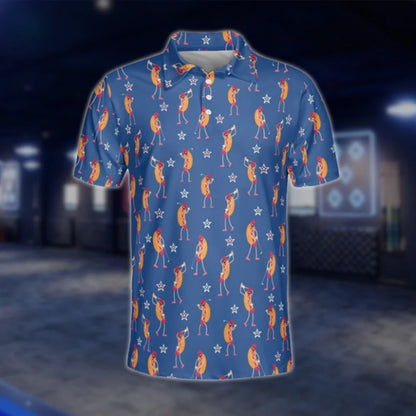 Funny Hot Dog Blue Golf Polo Shirts For Men, Hot Dog Golf Shirts GOF0263