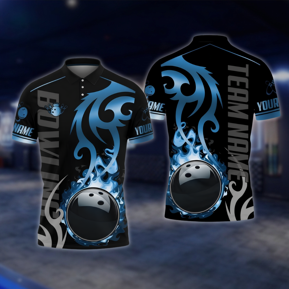 Personalized Flame Black Gold Bowling Polo Shirt, Custom Flame Bowling Shirt For Team BZ0905 BOW0038