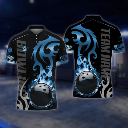 Personalized Flame Black Gold Bowling Polo Shirt, Custom Flame Bowling Shirt For Team BZ0905 BOW0038