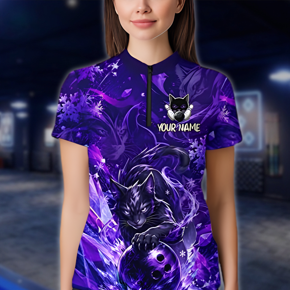 Personalized Cat Black Purple Bowling Jersey For Women, Custom Cat Team Bowling Shirt Ladies BZ0882 BOW0061