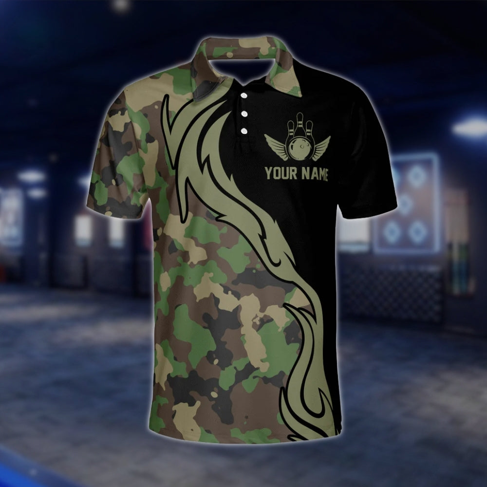 Custom Green Camouflage Bowling Mens Polo Shirt, Custom Camo Bowling Team Shirts BM0334 BOW0193