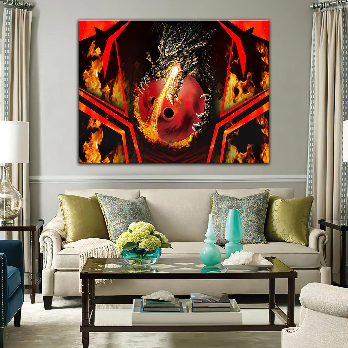 Dragon Fire Flame Graphic Printed Canvas Bowl Game Living Room Decor Gift For Bowlers ORN0141
