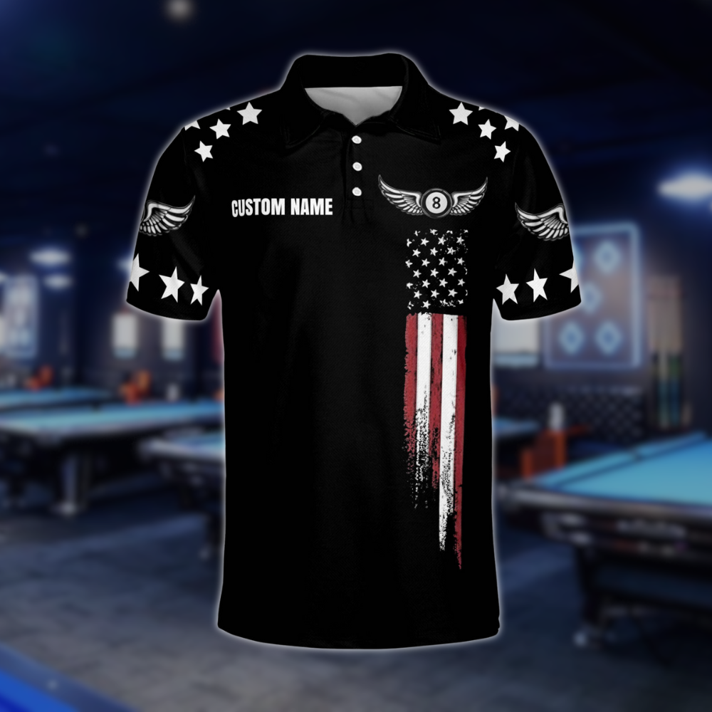 Custom American Flag Billiard Polo Shirt Mens, Custom Patriotic Billiard Team Shirt BLD0028