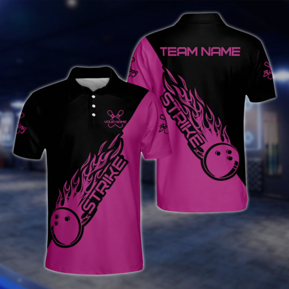 Customized Black Blue Flame Ball Strike Bowling Polo Shirts For Men, Custom Flame Bowling Team Shirts BM0304 BOW0424