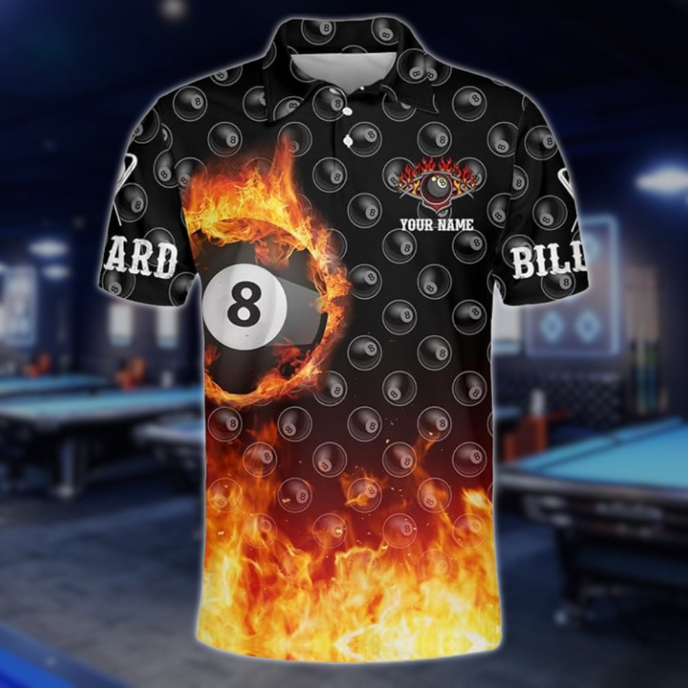 Custom Flaming 8 Ball Billiard Men Polo Shirt, Custom Flame Billiard Team Shirts BLD0133
