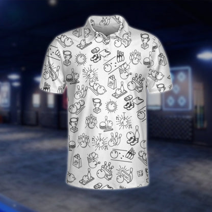 Bowling Pattern White Black Bowling Polo Shirt For Men, Men's Bowling Shirts BO0286 BOW0440