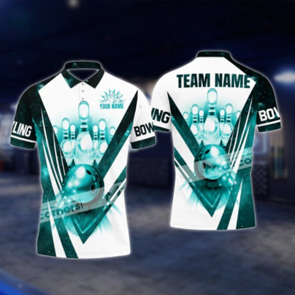 Custom Team Blue White Mens Bowling Polo Shirt, Custom Bowling Team Shirts BA0021 BOW0477