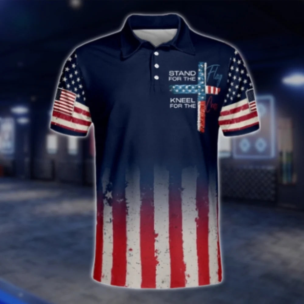 Stand For The Flag Kneel For The Cross Mens American Flag Golf Polo Shirts, Patriotic Christian Golf Shirts GOF0224