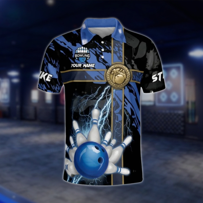 Custom Thunder Blue Black Polo Bowling Team Shirts For Men, Custom Team Bowling Shirts BM0293 BOW0444
