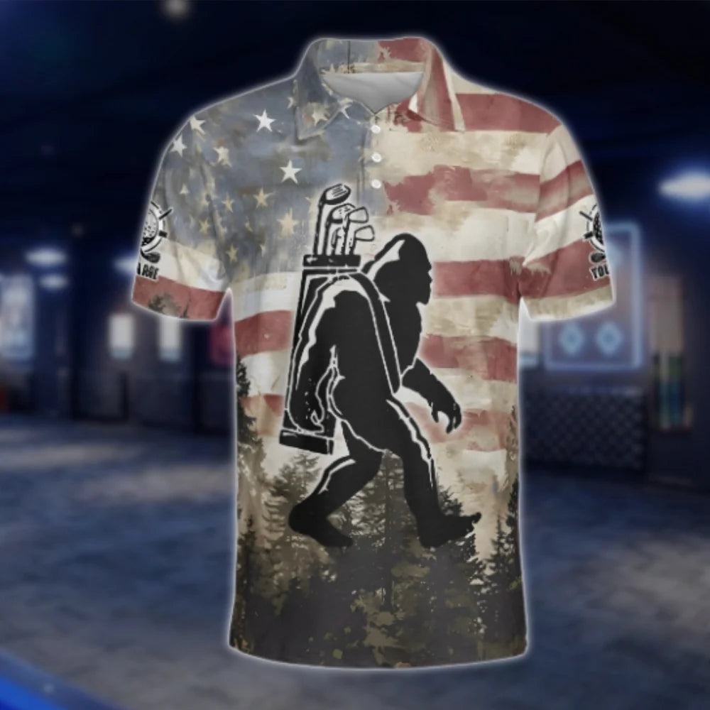 Not All Who Wander Are Lost Some Are Looking For Golf Balls Personalized Bigfoot USA Flag Golf Polo Shirt Men, Custom Funny Sasquatch Golf Shirt GOF0102