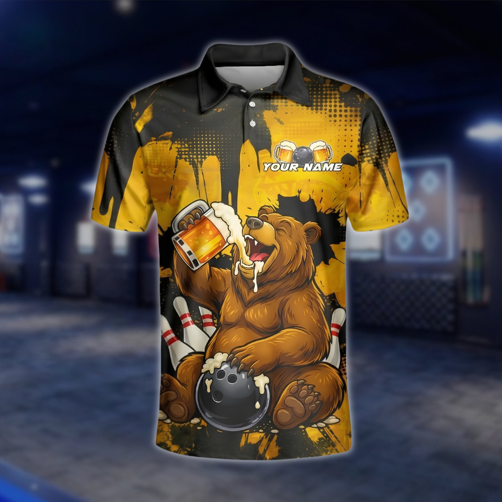 Personalized Bear Beer Bowling Polo Shirt Mens, Custom Team Bear Bowling Shirt BZ0926 BOW0015