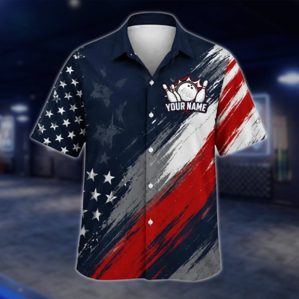 Personalized American Flag Bowling Hawaiian Shirt For Men, Custom Patriot Bowling Team Shirts BE0214 BOW0188