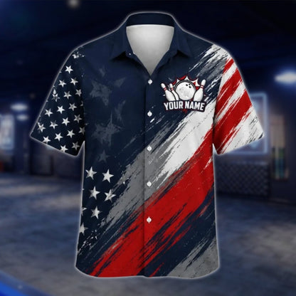 Personalized American Flag Bowling Hawaiian Shirt For Men, Custom Patriot Bowling Team Shirts BE0214 BOW0188