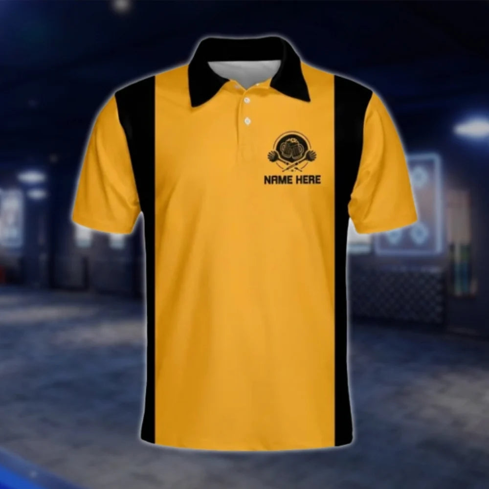 Darts And Beer That's Why I'm Here Personalized Black Yellow Dart Mens Polo Shirt, Custom Beer Dart Shirts DAT0249