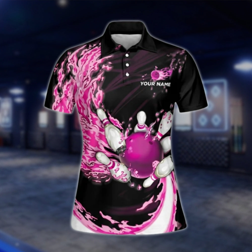 Women's Custom Pink Flame Bowling Polo Shirt, Custom Flame Bowling Team Shirts For Ladies BW0139 BOW0242