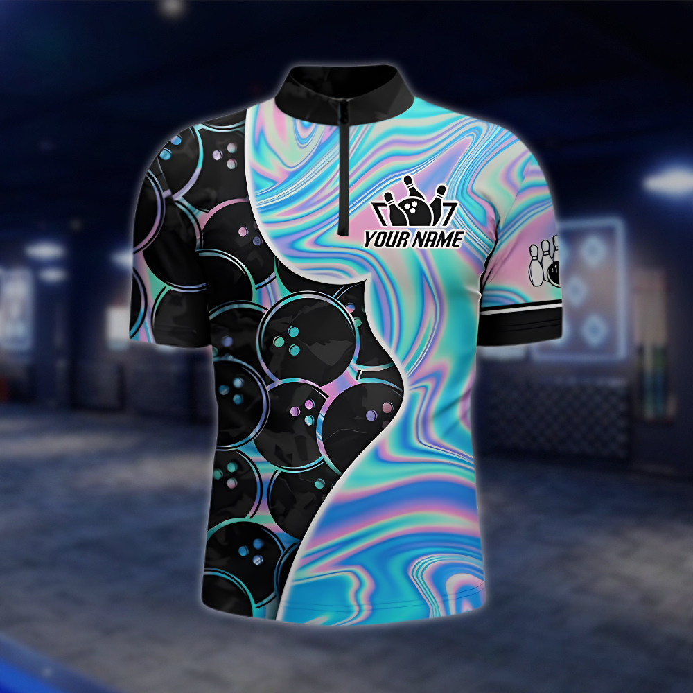 Personalized Hologram Cyan Black Bowling Jersey For Men, Custom Team Bowling Shirts BZ0889 BOW0054