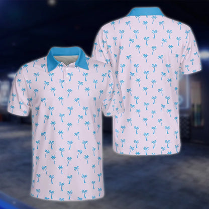 Matching Tropical Palm Tree Pink Blue Golf Shirts For Couples, Tropical Matching Golf Shirts GOF0180