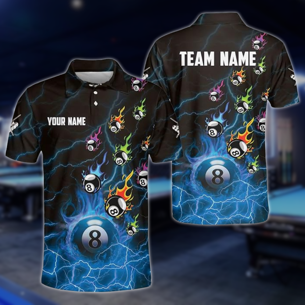 Custom Flame 8 Ball Billiard Polo Shirt For Mens, Custom Flame Billiard Team Shirts BLD0216