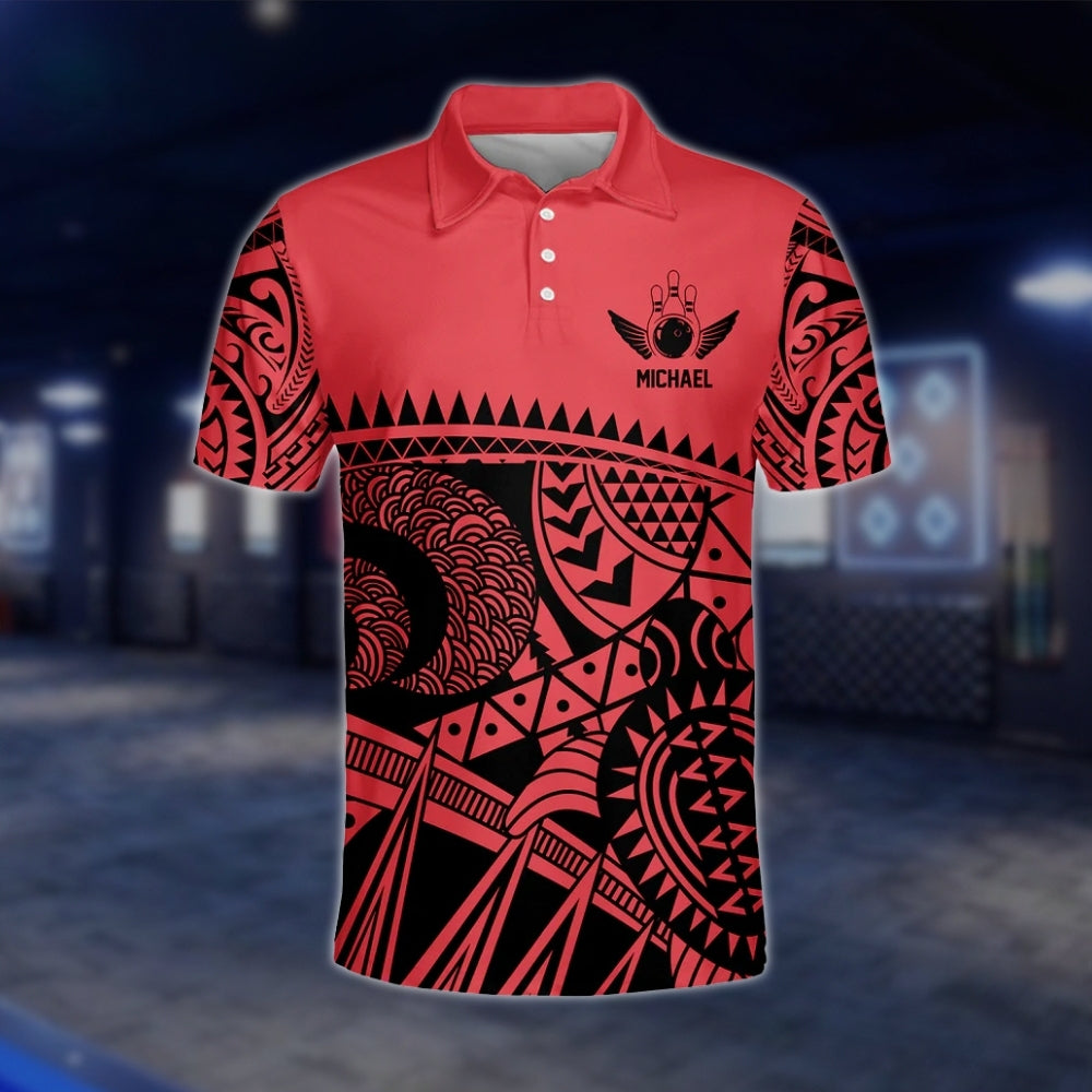 Men's Custom Black And Red Tribal Bowling Polo Shirt, Custom Tribal Bowling Team Shirts BZ0203 BOW0482
