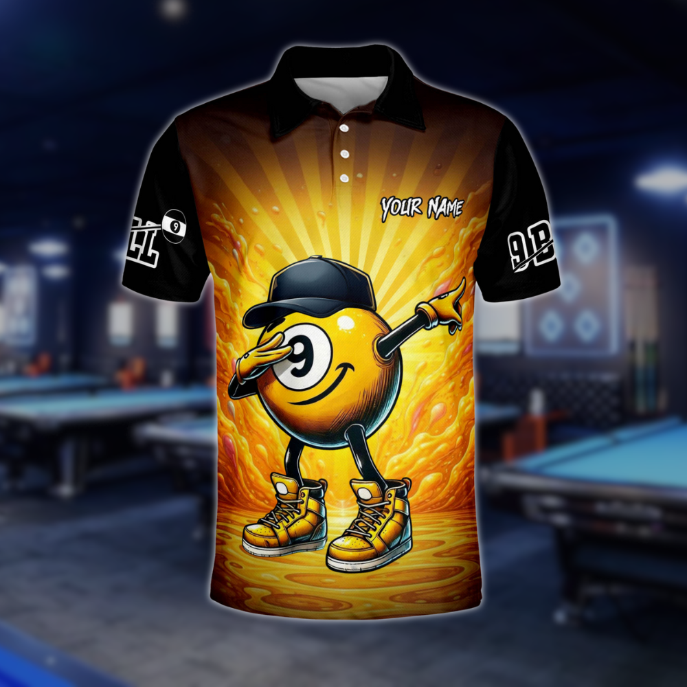 Black And Yellow Custom Funny 9 Ball Billiard Men's Polo Shirt, Custom 9 Ball Billiard Team Shirts BLD0114