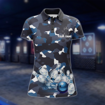 Custom Womens Camo Blue Bowling Polo Shirt, Custom Camo Bowling Team Shirt For Ladies BZ0486 BOW0280