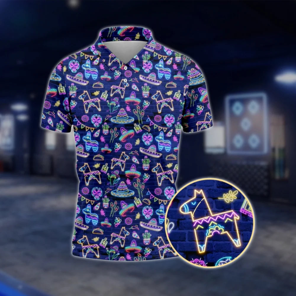 Mexican Fiesta Neon Pattern Golf Polo Shirt For Men, Cinco De Mayo Golf Shirts GOF0062
