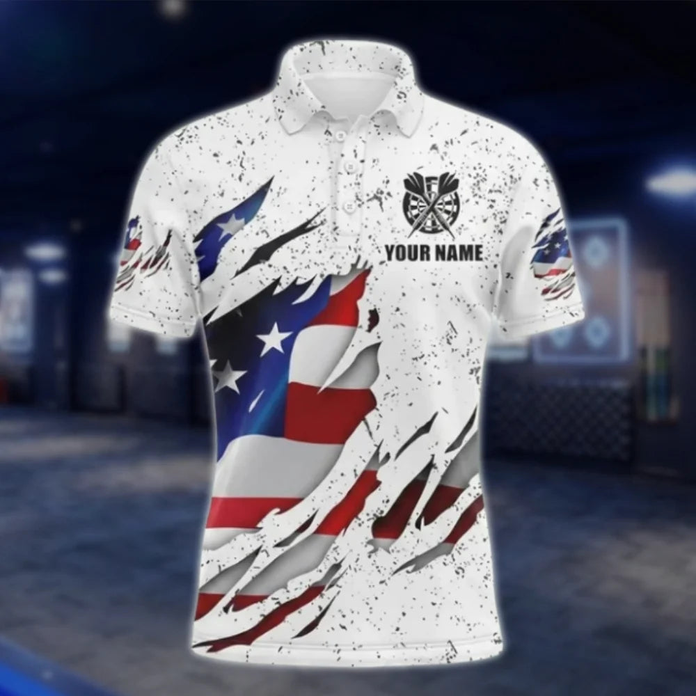 Men's Custom American Flag Grunge White Dart Polo Shirt, Custom Team Patriotic Dart Shirts DAT0407