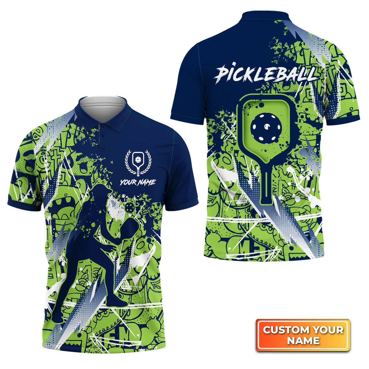 Pickleball - Scritch Woman Green Blue Pattern Personalized Name 3D Polo Shirt QB95 Gift For Pickleball Player PKL0015