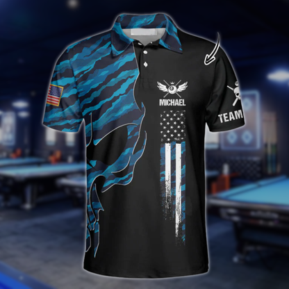 Skull Blue Camouflage Custom Billiard Polo Shirts for Men, Custom Skull Billiard Shirts BLD0032