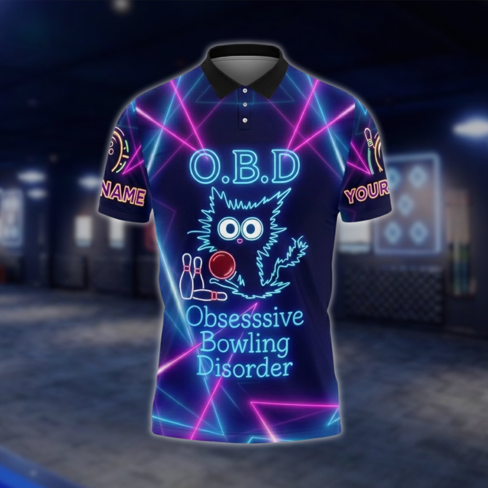 O.B.D Obsessive Bowling Disorder Personalized Cat Neon Men's Bowling Polo Shirt, Custom Funny Bowling Shirt For Team BZ0743 BOW0176