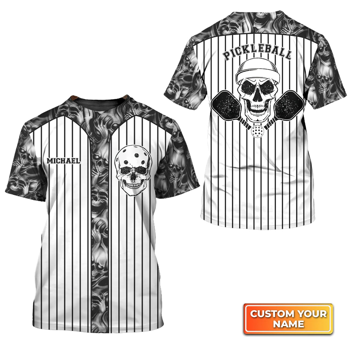 Skull Vertical Stripes Personalized Name 3D Tshirt QB95 Gift For Pickleball Player PKL0152