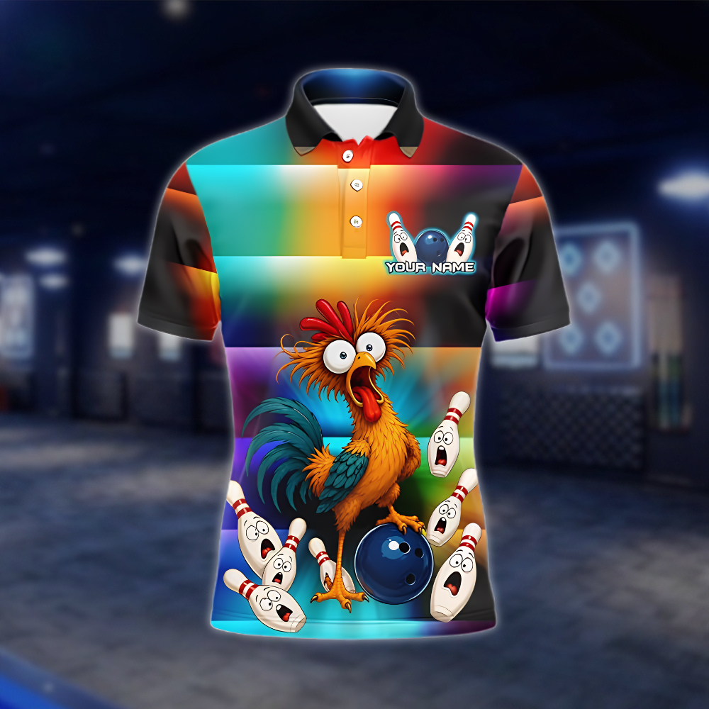 Personalized Funny Rooster Colorful Bowling Polo Shirt Men, Custom Chicken Bowling Team Shirts BZ0890 BOW0053