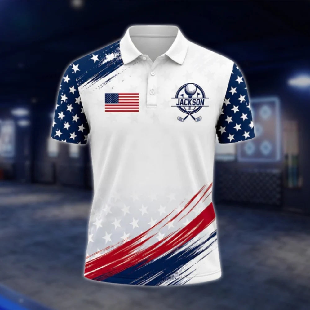 Personalised USA Flag Golf Polo Shirts For Men, Custom Patriotic Golf Shirts GOF0212
