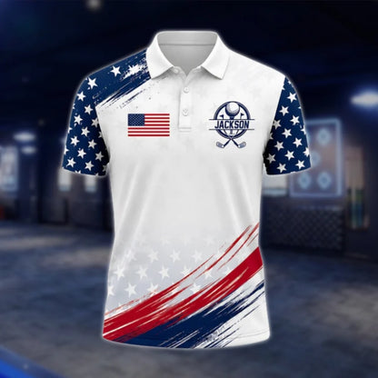 Personalised USA Flag Golf Polo Shirts For Men, Custom Patriotic Golf Shirts GOF0212