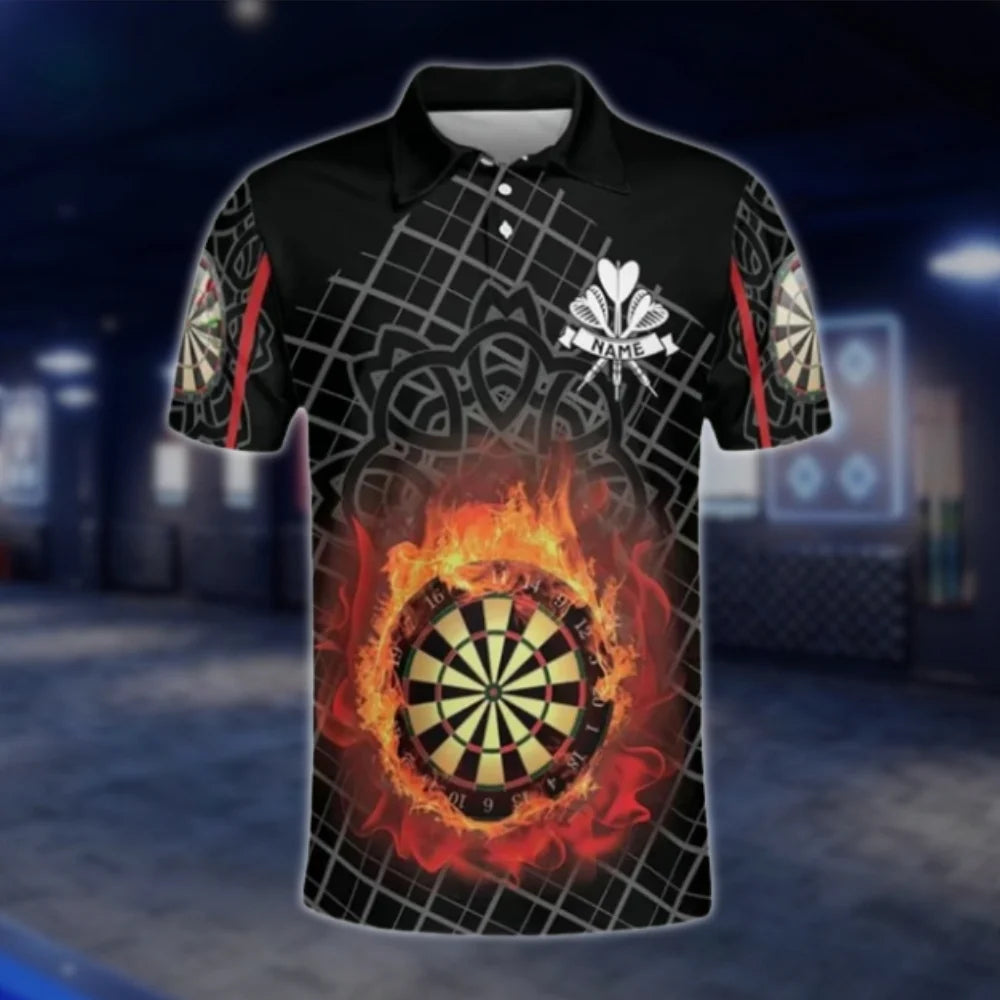 Custom Flaming Dartboard Polo Shirt For Men, Custom Name Dart Player Shirts DAT0362