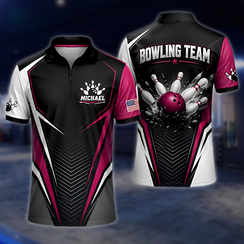 Personalized Black Red Bowling Team Jersey, Custom Mens Bowling Shirt BZ0872 BOW0074