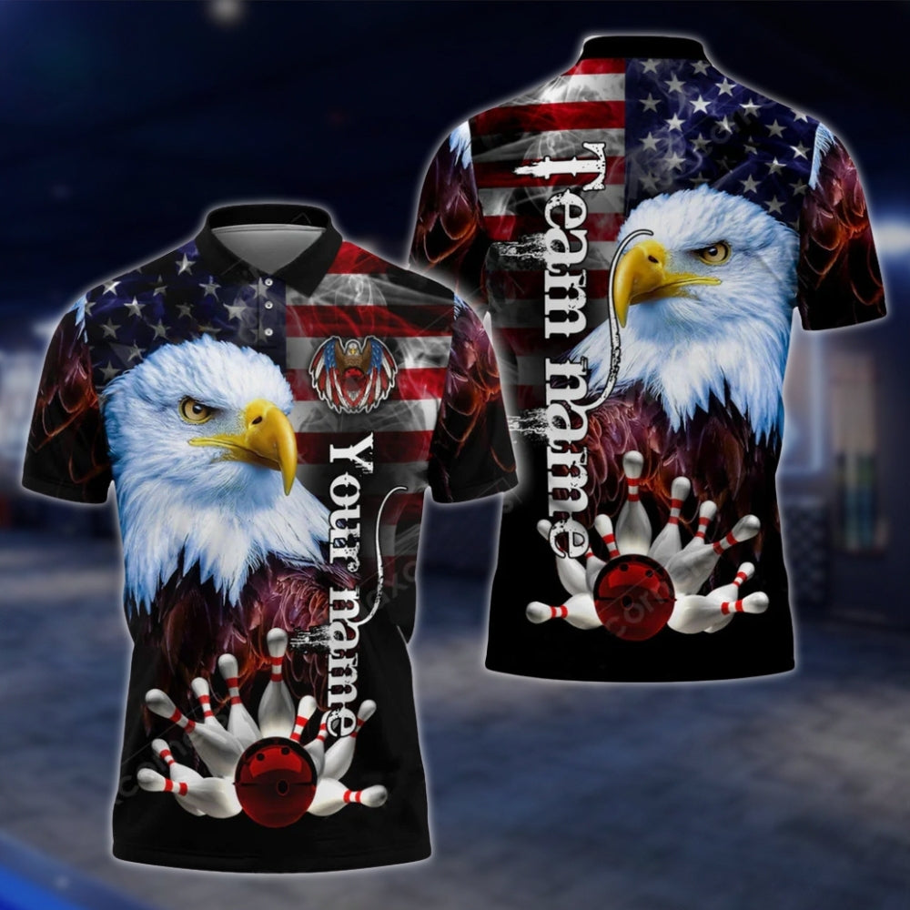 Custom Eagle American Flag Bowling Mens Polo Shirt, Custom Patriotic Eagle Bowling Team Shirts BO0087 BOW0196