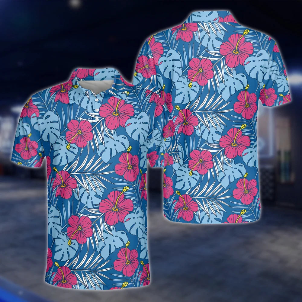 Hibiscus Tropical Matching Men And Women Blue Golf Shirts, Matching Tropical Golf Shirts For Couples GOF0181