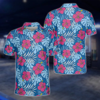 Hibiscus Tropical Matching Men And Women Blue Golf Shirts, Matching Tropical Golf Shirts For Couples GOF0181