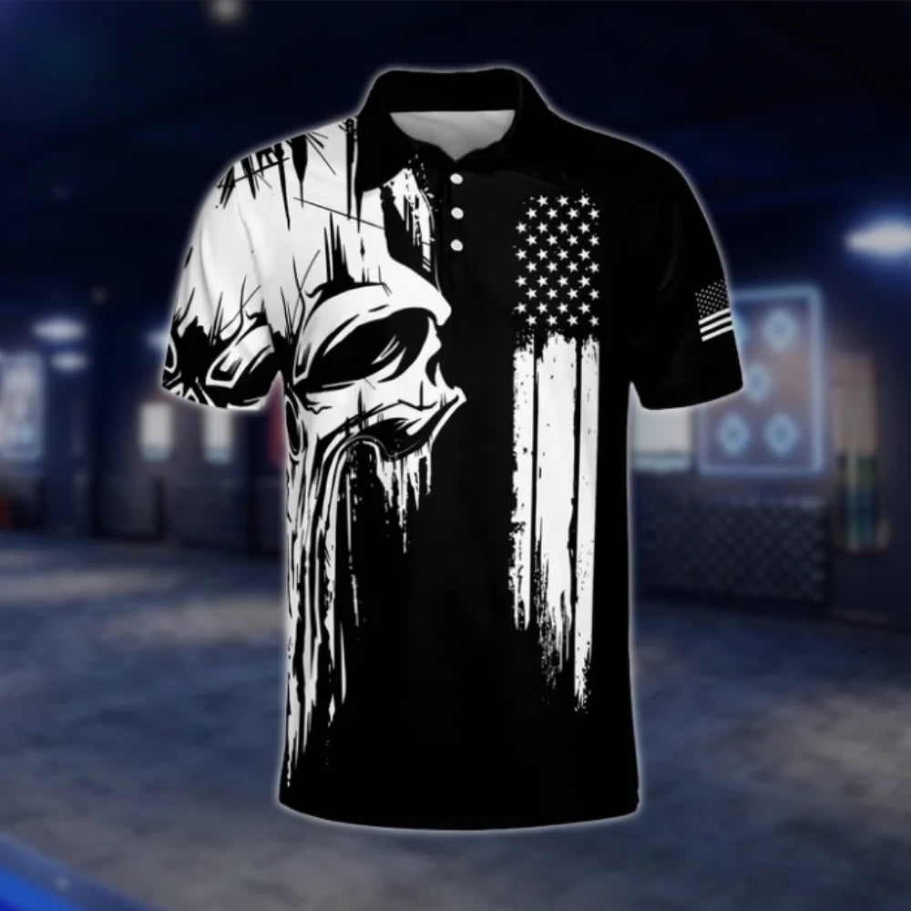 Skull American Flag Mens Black White Golf Polo Shirts, Skull Golf Shirt GOF0198