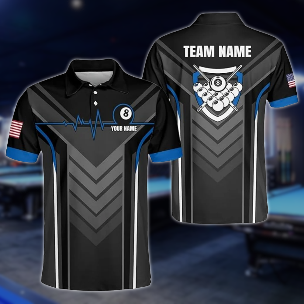 Custom Team 8 Ball Black Billiard Polo Shirt For Mens, Custom Pool Billiard Shirts BLD0178