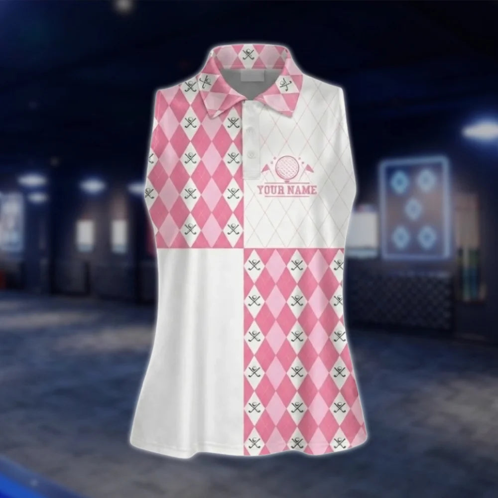 Personalized Pink Argyle Womens Sleeveless Golf Shirt, Custom Argyle Golf Shirt For Ladies GOF0064